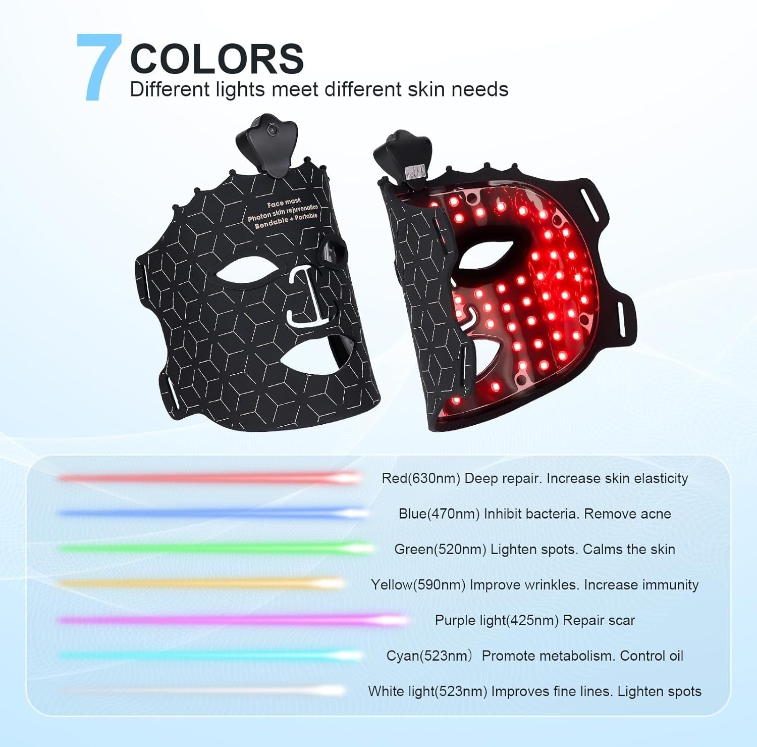 Masque Facial LED Luminothérapie Sans Fil Thérapie Par Lumière Rouge Pour Le Visage Masque De Luminothérapie En Silicone Souple Pour L'Acné, Les Rides Et Le Rajeunissement De La Peau 7 Modes