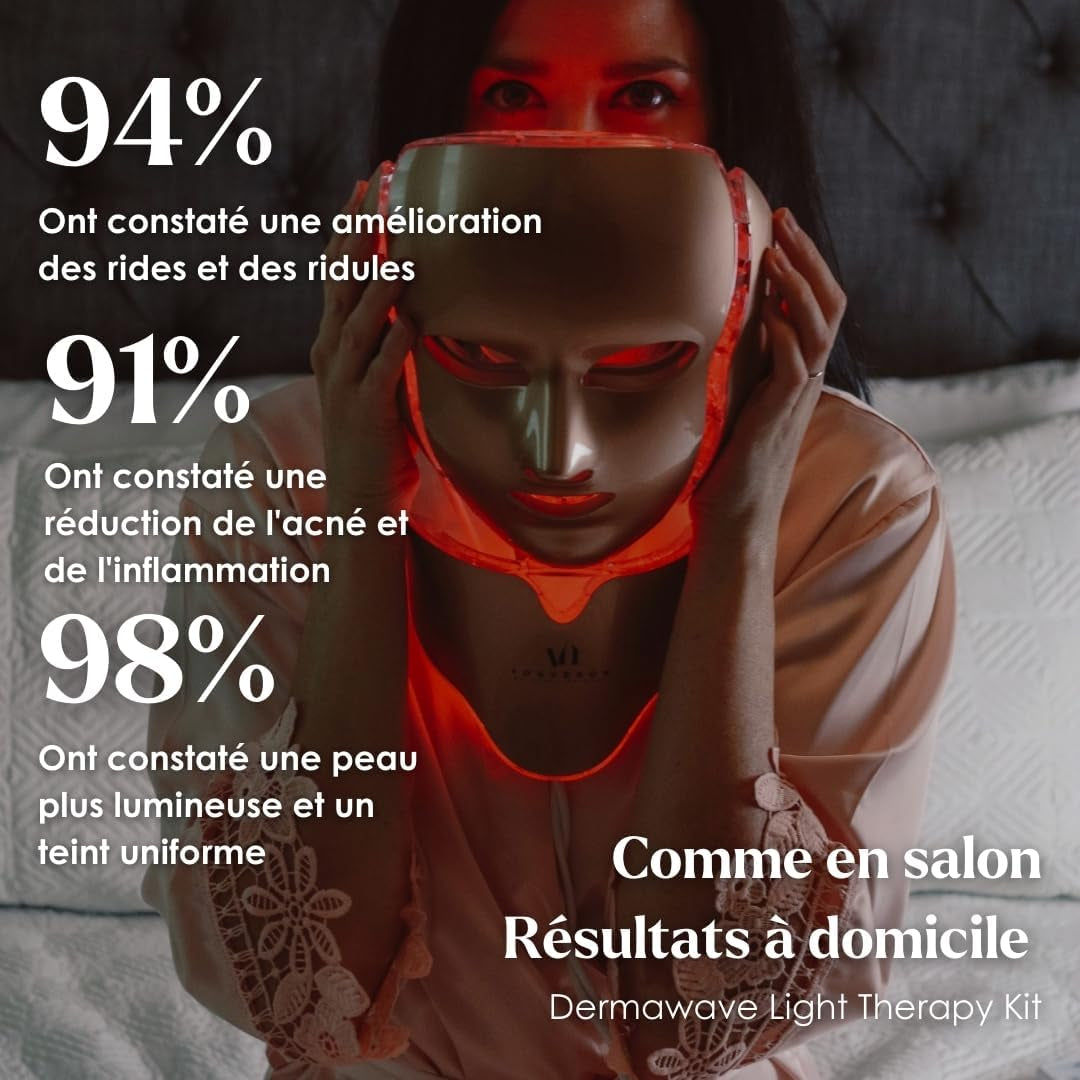 Dermawave Masque Led Visage Luminothérapie - 7 Couleurs (Rouge Et Bleu) Masque Pour Le Visage - Pack De 10 Sérums Et Livre Électronique - Appareil De Soin De La Peau Du Visage Pour Rajeunissement