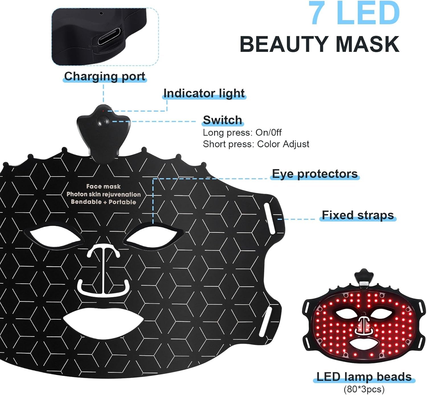 Masque Facial LED Luminothérapie Sans Fil Thérapie Par Lumière Rouge Pour Le Visage Masque De Luminothérapie En Silicone Souple Pour L'Acné, Les Rides Et Le Rajeunissement De La Peau 7 Modes