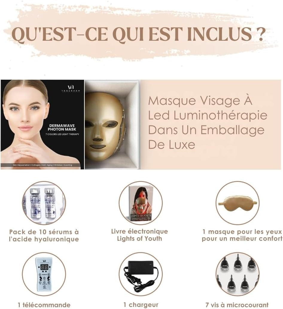 Dermawave Masque Led Visage Luminothérapie - 7 Couleurs (Rouge Et Bleu) Masque Pour Le Visage - Pack De 10 Sérums Et Livre Électronique - Appareil De Soin De La Peau Du Visage Pour Rajeunissement