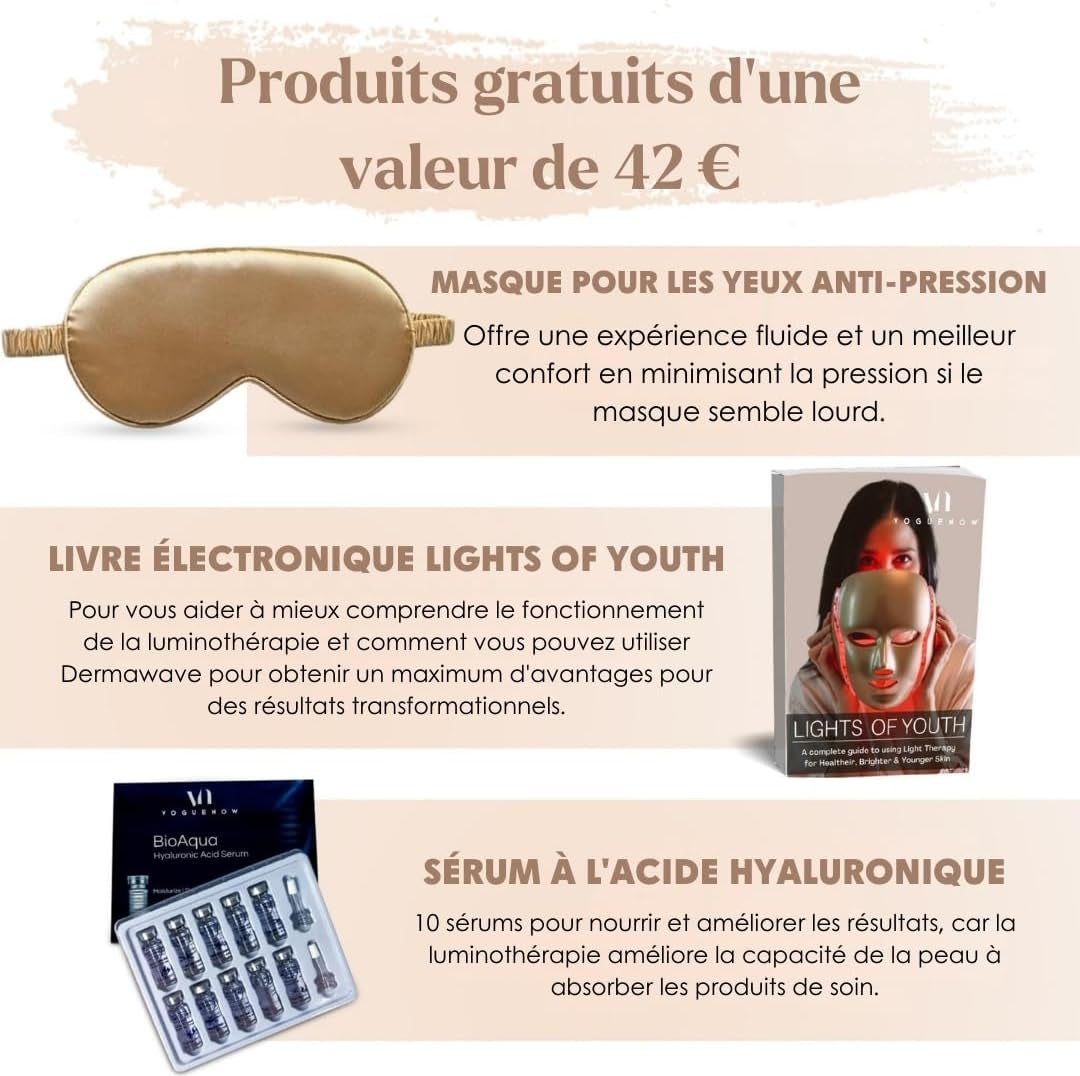 Dermawave Masque Led Visage Luminothérapie - 7 Couleurs (Rouge Et Bleu) Masque Pour Le Visage - Pack De 10 Sérums Et Livre Électronique - Appareil De Soin De La Peau Du Visage Pour Rajeunissement