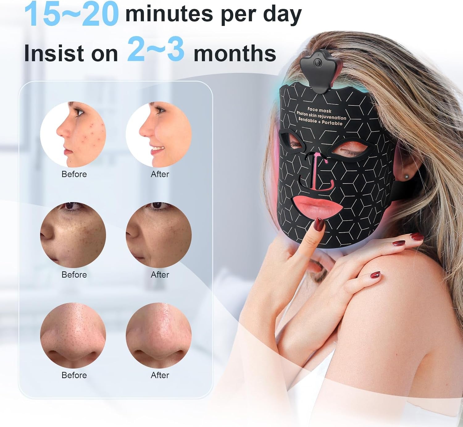 Masque Facial LED Luminothérapie Sans Fil Thérapie Par Lumière Rouge Pour Le Visage Masque De Luminothérapie En Silicone Souple Pour L'Acné, Les Rides Et Le Rajeunissement De La Peau 7 Modes